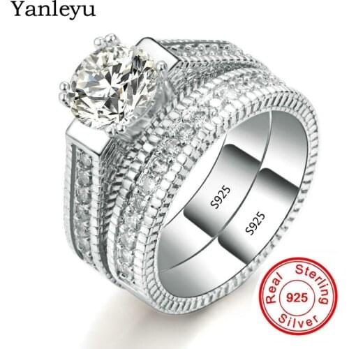 Yanleyu Vintage Fashion Jewelry 2pcs Pure 925 Sterling Silver Engagement Rings Set Cubic Zircon Wedding Rings for Women PR200