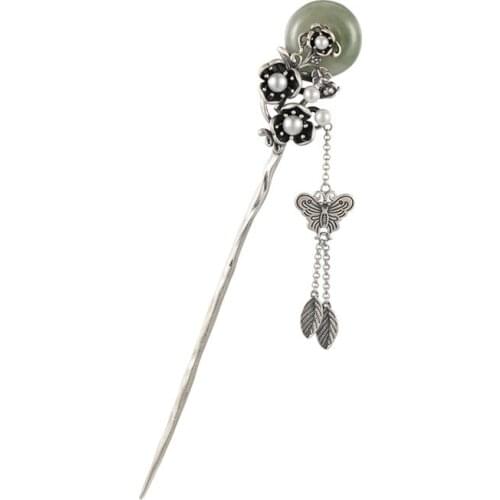 Jade Pearl 925 Sterling Silver Hair Stick Hairpin Butterfly Tassel Fine Jewelry Chinese Antique Gift
