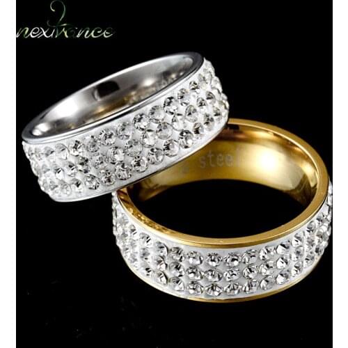 Nextvance 8Mm Width Three Row Rhinestone Ring Gold Stainless Steel Finger Rings For Birthday Gift Bague Femme Size 5-12