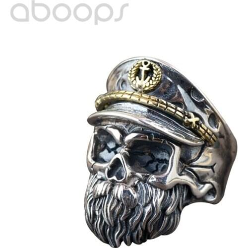 Punk 925 Sterling Silver Bearded Skull Head Ring for Men Boys,Two Tone,Adjustable Size 8.5-11,Free Shipping