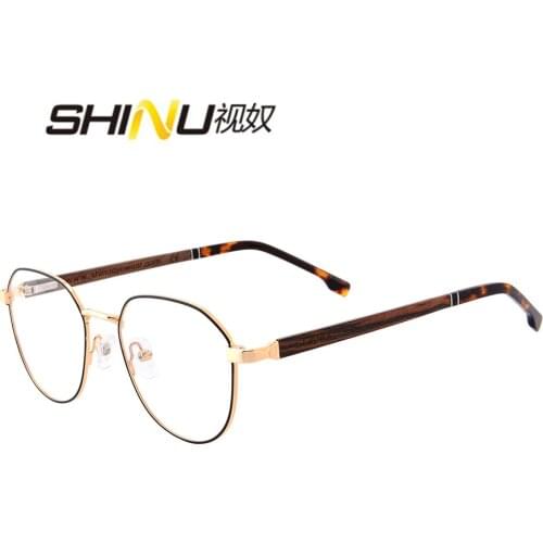 SHINU Wood eyeglass frame for men women with wooden glasses frame retro round metal optical frame prescription glasses frame 902