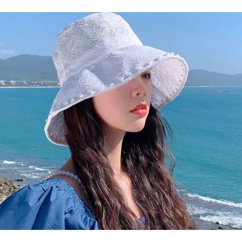 White Lace Fisherman Hat Ladies Summer Thin Hollow Breathable Sun Hats Sweet and Cute Sunscreen Basin Cap with Pearl Edge