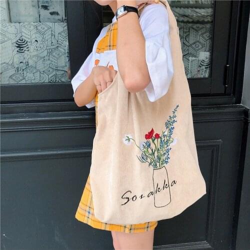 Women Corduroy Shoulder Bag Ladies Embroidery Canvas Shopping Bags Female Eco Cotton Cloth Handbag Foldable Tote Large Capacity