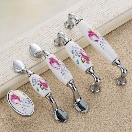 Tulip Flower Bright Silver European Countryside Ceramic Handle Wardrobe Door Drawer Cupboard Handle kitchen cabinet hardware