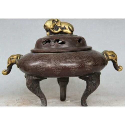 USPS to USA S2545 12" Old Chinese Purple Bronze 24K Gold 3 Foot Elephant Incense Burner Censer