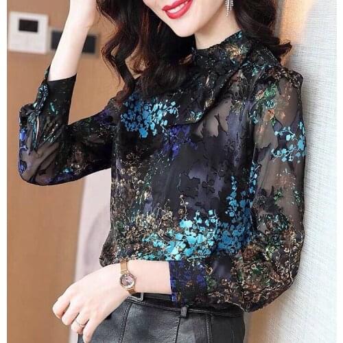 Spring Fall Fashion Woman Stand Collar Floral Hollow Out Glitter Blouse Shirt , Korean Women Long Sleeve Flower Blouses Tops