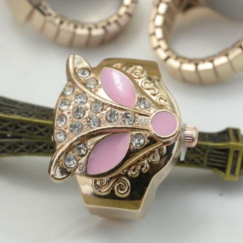 100pcs/llot Fashion Rose Gold Crystal Fox Ring Watches Round Womens Finger Gift Watch Wholesale