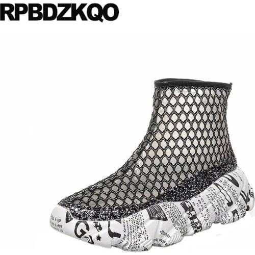 Sneakers Sequin Women Ankle Boots Medium Heel Mesh Glitter Cut Out Booties Flatform Sandals Shoes Summer Bling Wedge Harajuku