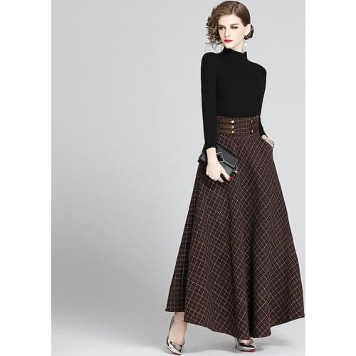 2020 Autumn Winter Two Piece Set Women Turtleneck Black Knitted Pullover Sweater + Bandage Lace-up Plaid Wool Maxi Skirt Set