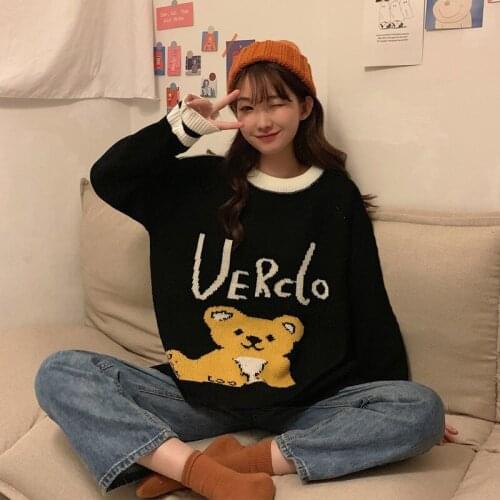 New Sweater Womens Fall/winter Japanese Style Lazy Wind Pullover O-Neck Retro Bear Student Loose Sweater Top Sweaters for Women