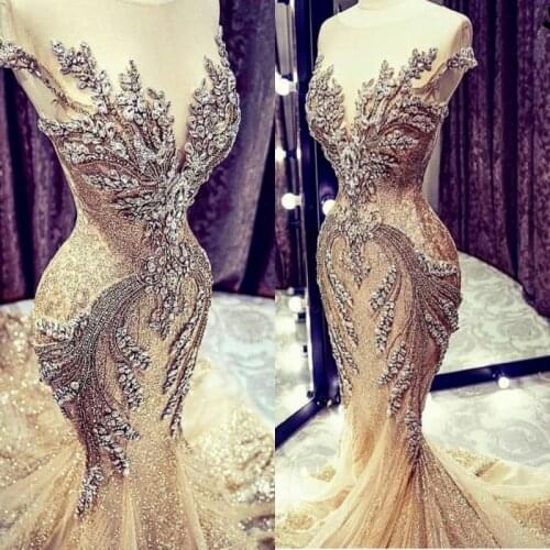 Luxury Prom Dresses With Sheer Neck Major Beading Crystal Jewel Neck Mermaid Evening Dress Custom Made Illusion Robe de soire