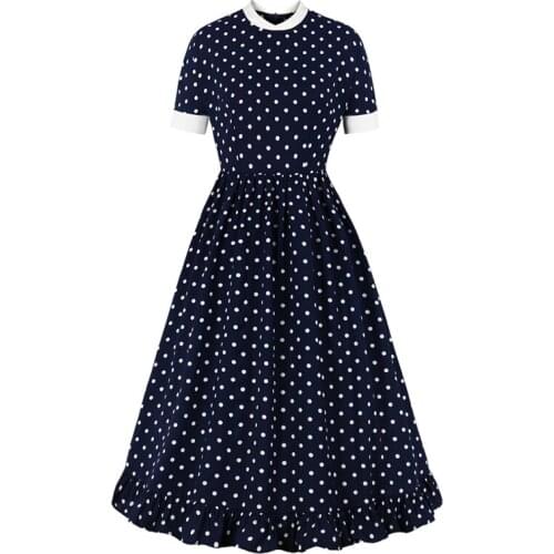 2021 Short Sleeve Polka Dot Vintage 70s Summer Midi Dress High Waist Elegant Clothes for Women Ruffle Hem Long Dresses