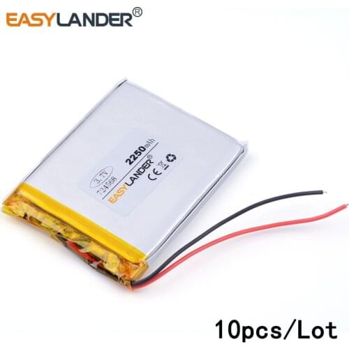 10pcs /Lot 2250mAH 724568 3.7v lithium Li ion polymer rechargeable battery for tablet pc GPS mp3 mp4 cell phone speaker toys