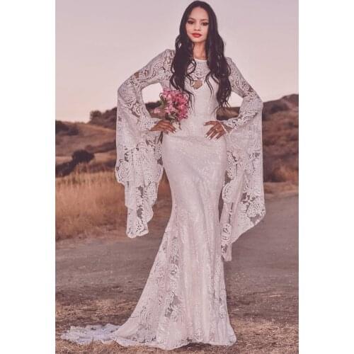 11197#Boat Neck Boho Wedding Dress Bohemian Sheer Lace Sequins Flare Sleeves Mermaid Hourglass V Back Gown W/ Train
