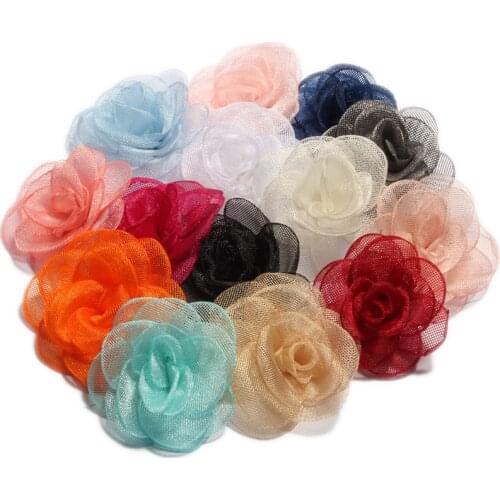 120PCS 14colors 6cm Newborn Vintage Rolled Rose Fabric Flowers for Kids Hair Accessories Handmade Gauze Layered Hair Flower