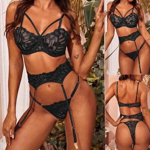 3PC Women Lace Sexy Lingerie Set Black Erotic Lingerie Wireless Bra + Thong + Gareter Pajamas Set Lingerie Bodysuit Lenceria