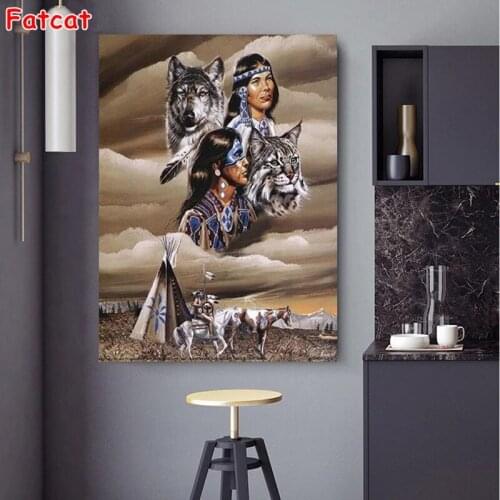 Indian Woman And Wolf Diamond Embroidery Full Set Diamond Mosaic Picture Of Rhinestones Diamond Painting Beads Home Decor PP2189