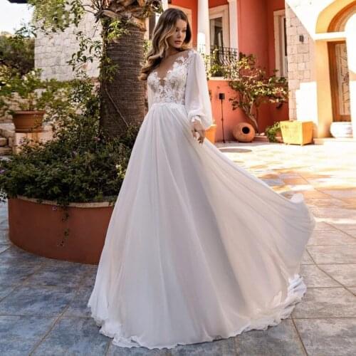 Bohemian Chiffon Wedding Dresses Long Puff Sleeves Appliques Lace O-Neck Court Train A Line Bridal Gowns White Vestido De Noiva