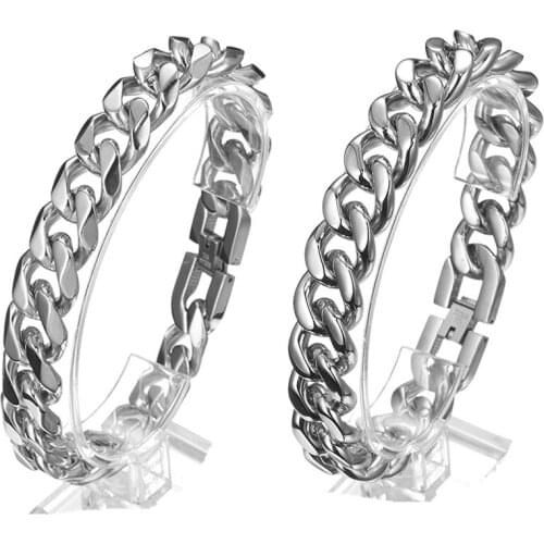 New Trendy Cuban Chain Male Bangle Classic Silver Stainless Steel 15mm Width Wrist Bracelet For Men Women Jewelry Gift 7-11inch