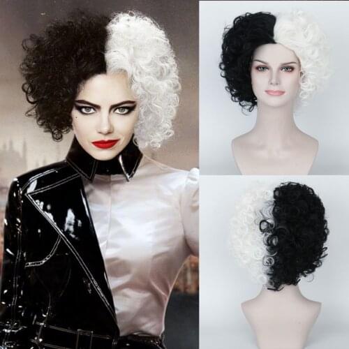 Cruella Black and White Curly Short Hair Movie Halloween Party Cosplay Wig