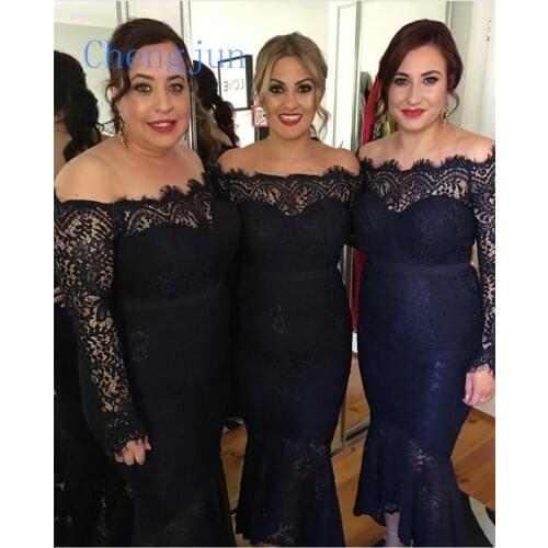 Chengjun 2019 Elegant Boat Neck Lace Mermaid Navy Blue Plus Size Bridesmaid Dress