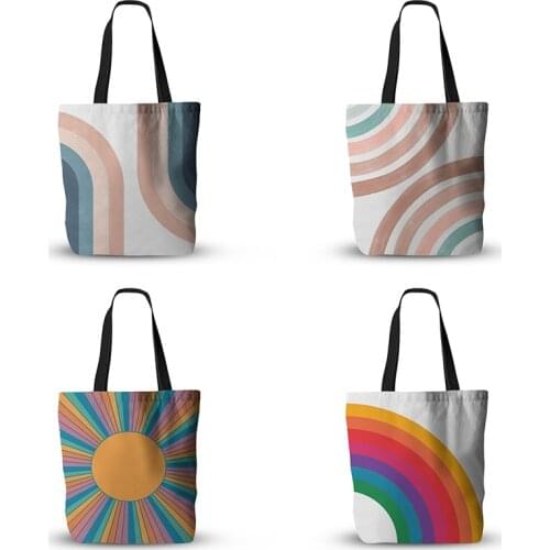 Retro Rainbow Canvas Shoulder Tote Bag for Female Handbags Cartoon Shopping Bag Ladies Beach Shopper Bag Bolsas De Tela