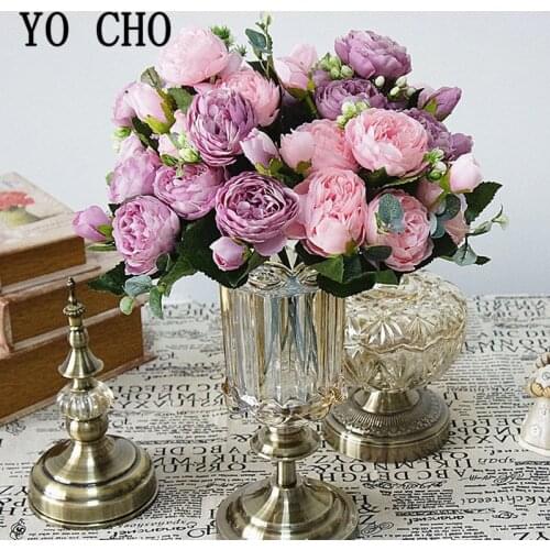 YO CHO Artificial Roses Flowers Pink Small Silk Artificial Fake Flowers for Wedding Decoration White Rose Bouquet for Home Party