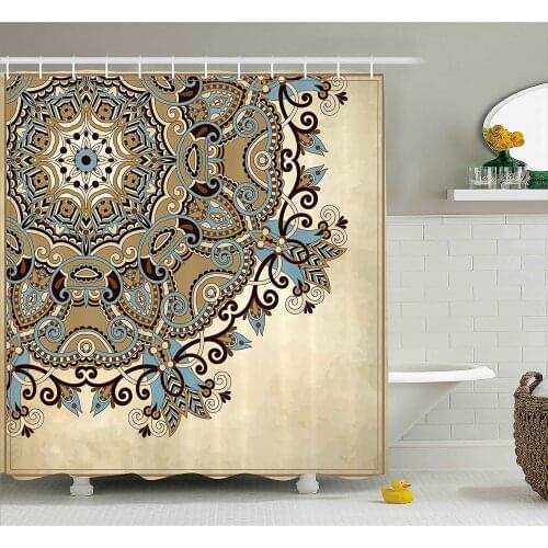 Mandala Shower Curtain Ethnic Indian Flower Circle On Lace Ornaments Traditional Boho Design Fabric Bathroom Decor With Hooks