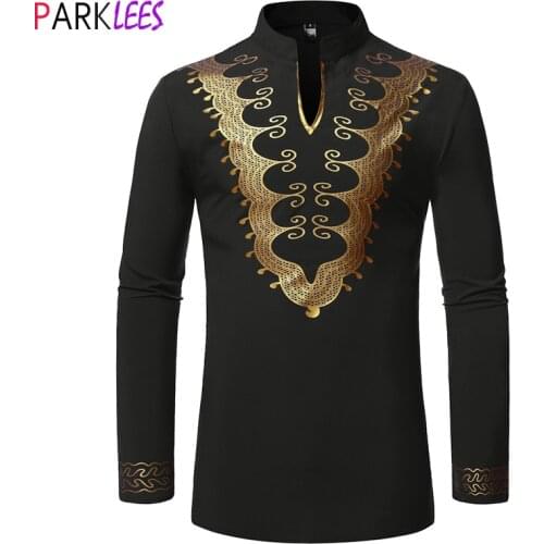 Stand Collar Black African Dashiki Shirt Men 2020 Luxury Gold Metallic Print Mens Dress Shirts Bazin Riche Wedding Clothing 2XL