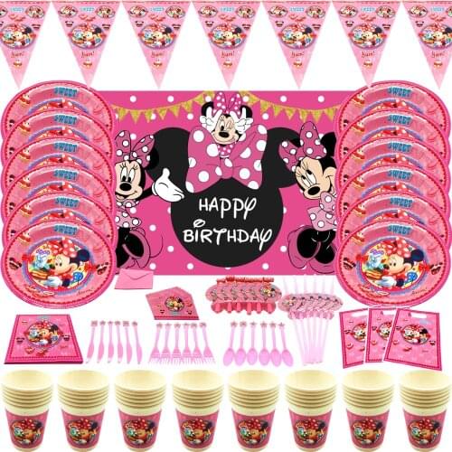 Disney Minnie Mouse Theme Baby Happy Birthday Party Decoration Party Supplies Paper Cups Flag Plates Straw Disposable Tablewares
