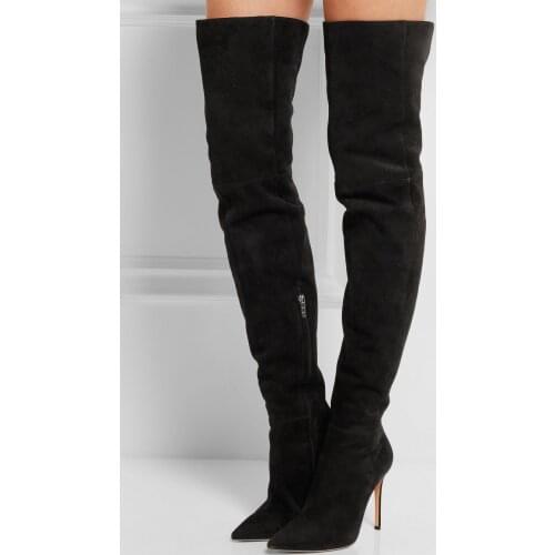 Autumn Winter Thigh High Boot Black Suede Over the Knee High Heel Boot Sexy Pointed Toe High Boot Side Zipper zapatos mujer