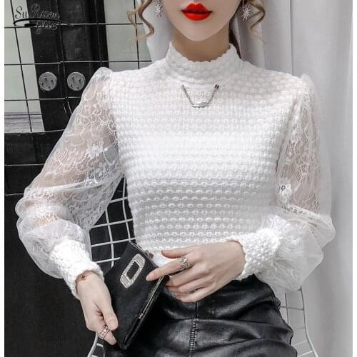 Autumn Lace Knitted Bottomed Womens Blouse Lace Patchwork Crochet Women Top Winter Long Sleeve Stand Collar Shirts Blusas 16001