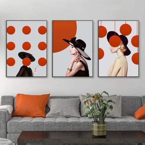 Fashion Polka Dot Woman With Hat Wall Art Poster Modern Minimalist Red White Canvas Painting Print Pictures for Living Room