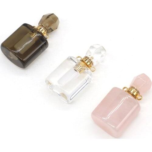 Fashion Perfume Bottle Pendant Natural Gem Stone Pink Quartz Essential Oil Diffuser Vial Charms for Jewelry Making DIY Necklace