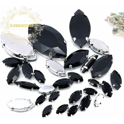 Popular!! MIX black Horse eye Size Crystal Glass Sew-on Rhinestones Silver Bottom DIY Womens Dresses and shoes 30pcs