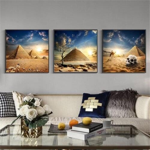 Prints and Posters Canvas Art Ancient Egyptian Pyramids Camel and Skull Head Wall Art Painting for Living Room Home Decoration