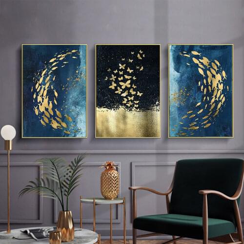 Nordic Golden Black Fish Butterfly Wall Art HD Canvas Poster Print Canvas Painting Decorative Picture for Living Room Home Decor