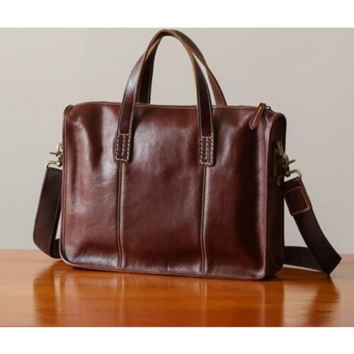 Handmade handbag mens leather retro business casual shoulder bag top layer leather mens briefcase