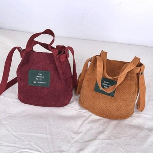 Japanese and Korean Retro Corduroy Canvas Womens Bag Simple Solid Color Literary Shoulder Bag Original Handbag Bucket Cloth Bag
