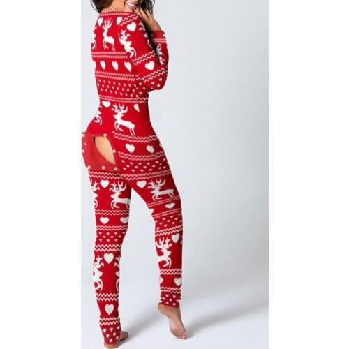 2021 New Year Women Christmas Cutout Printed Functional Buttoned Flap Adults Pajamas Long Sleeve Red Deer Print Jumpsuit Pants