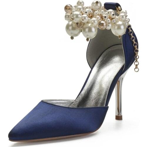 Pointed toe D'orsay satin evening dress shoes bridal wedding party prom high heels with pearls ankle strap lady pumps navy blue