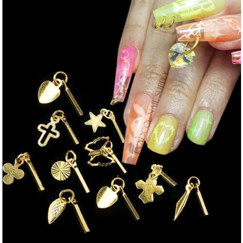 10pcs Mixed Nail Decor Piercing Dangle 3D Nail Art Charms Glitter Rhinestones Acrylic Tips Metal Alloy Designs