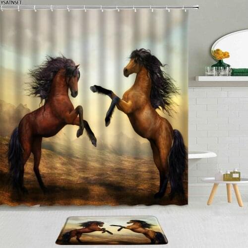 2Pcs Wild Animals Running Horse Shower Curtain Hand Drawn Galloping Steed Bathroom Non-Slip Carpet Bath Mat Hanging Curtains Set