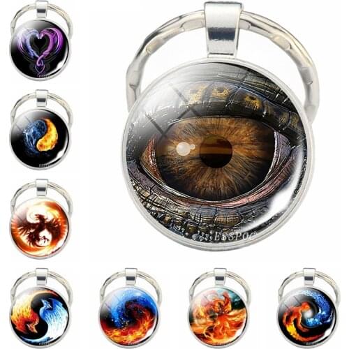 Dragon Eye Keychain Yin Yang Jewelry Evil Eye Glass Cabochon Pendant Metal Key Chain Fashion Accessories Gifts for Men Women