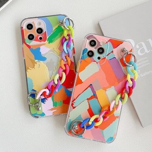 Abstract Art Graffiti Rainbow Wrist Chain Phone Case For iPhone 11 12 Pro Max XS Max XR X 8 7 Plus 12 Mini Bracelet Bumper Cover
