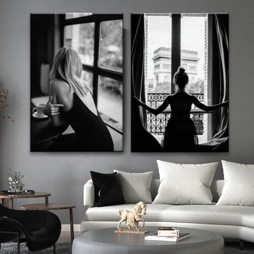 Black and White Sexy Window Ballet Girl Canvas Painting Nordic Beautiful Woman Poster Wall Art Pictures Living Room Home Decor