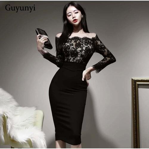 Black High Waist Dress 2021 Spring Sexy Off The Shoulder Slash Neck Lace Long Sleeves Temperament Elegant Party Dress Women