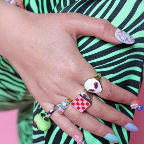 Enamel check plaid square chunky rings for teenage egirls summer beach jewelry y2k 90s cute kawaii wholesale items dropship