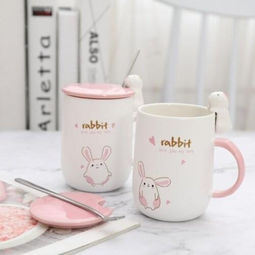 Ins Cartoon 3D Cute Rabbit Mug Creative Ceramic Cup with Spoon Lovely Girls' Home Breakfast Water Cup Coffee Cups