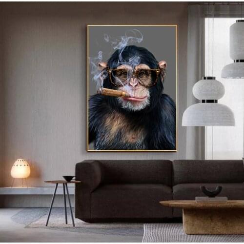 Smoking Glasses Gorilla Wall Art Canvas Painting Nordic Posters and Prints Wall Pictures for Living Room Exhibition Decoration